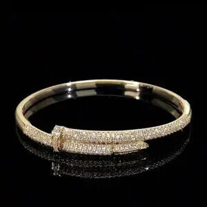 18K Gold Plated Nail Bangle Bracelet with CZ Pave | Luxury Statement Jewelry